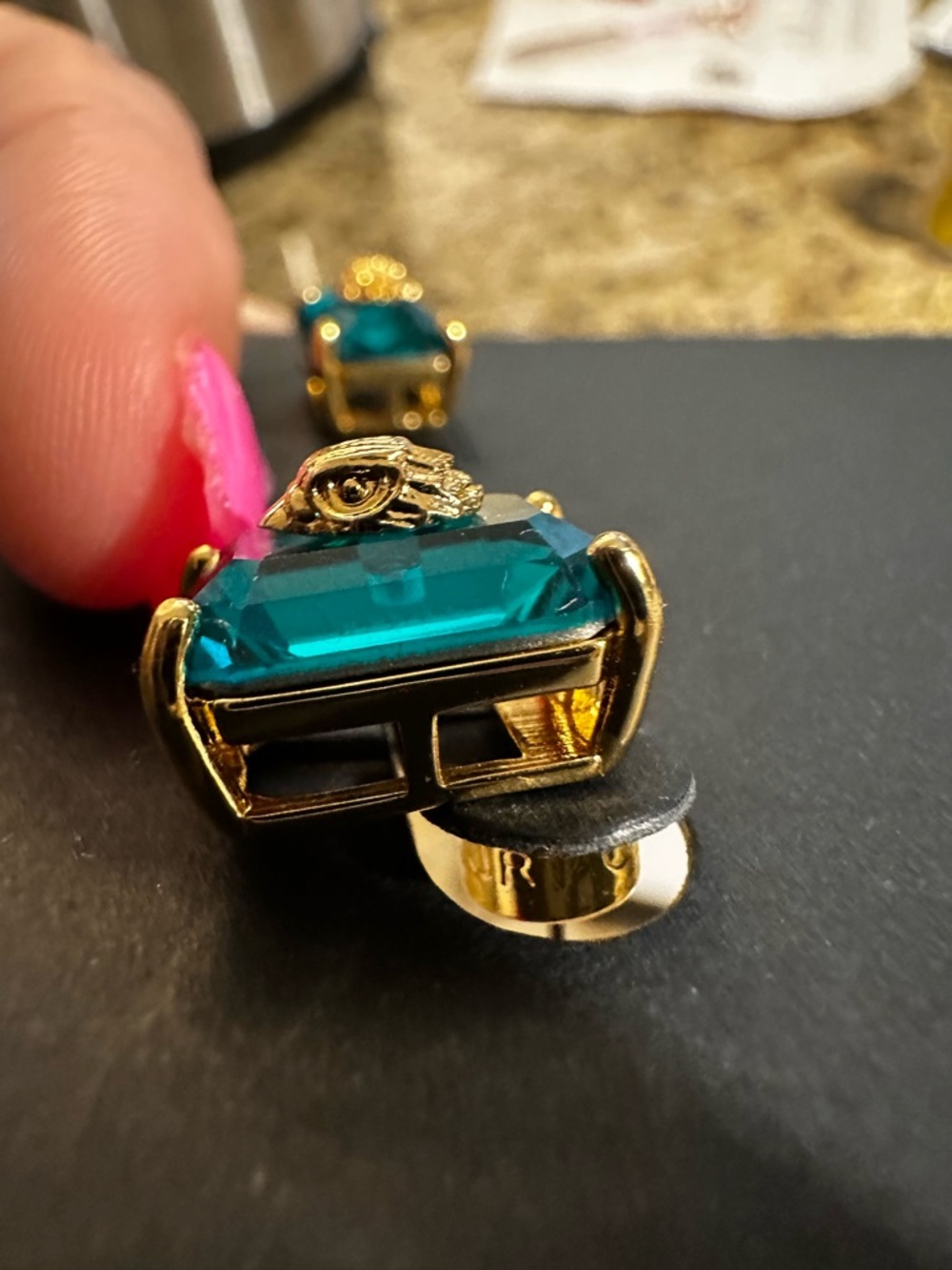 Kurt Geiger Emerald Teal Crystal Stud Earrings with Gold Detail - Picture 6 of 8
